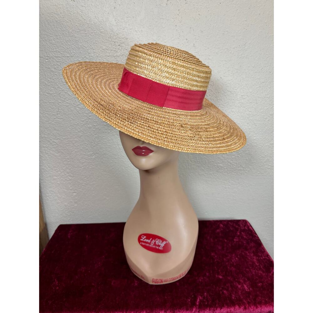 Vintage Accessories - Straw Sun Hat - Coral Fabric Ribbon Accent - Medium